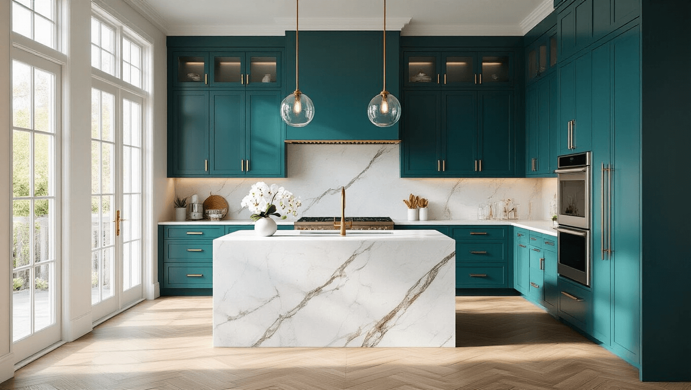 Photorealistic ultra-high-definition image of a luxurious contemporary teal kitchen featuring floor-to-ceiling cabinets, a Carrara marble waterfall island, brushed brass fixtures, and natural light streaming through large windows, complemented by herringbone flooring and elegant decorative elements.