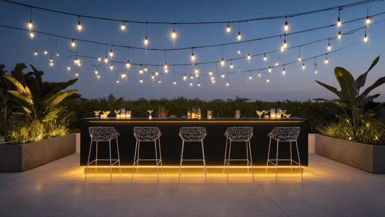 A luxury outdoor bar at twilight featuring a matte black aluminum counter, modern chrome barstools, ambient string lights, tropical plants, and crystal-clear cocktail glasses, all presented in a photorealistic architectural style.