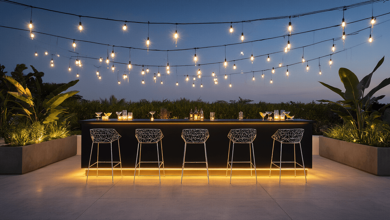 A luxury outdoor bar at twilight featuring a matte black aluminum counter, modern chrome barstools, ambient string lights, tropical plants, and crystal-clear cocktail glasses, all presented in a photorealistic architectural style.