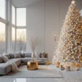 A modern minimalist living room featuring a 9-foot flocked white Christmas tree adorned with champagne and silver glass ornaments, warm LED lights, and crystal accents. The scene is illuminated by golden hour sunlight streaming through floor-to-ceiling windows, showcasing a grey sectional sofa and brass side tables on white marble floors. The composition conveys soft bokeh effects and cinematic lighting, creating an atmospheric and photorealistic ambiance.