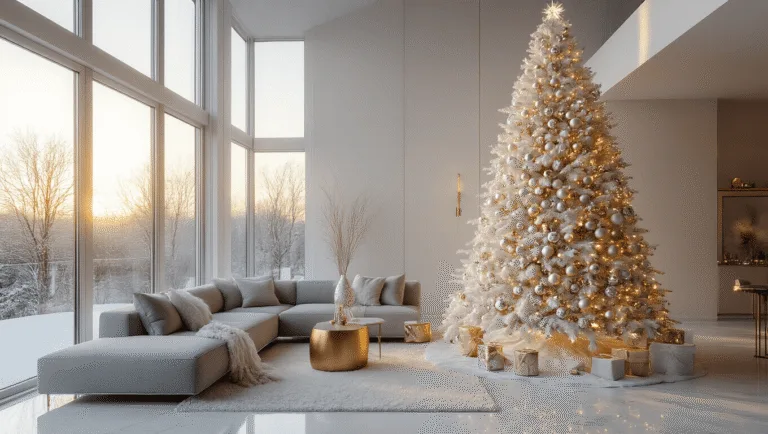 A modern minimalist living room featuring a 9-foot flocked white Christmas tree adorned with champagne and silver glass ornaments, warm LED lights, and crystal accents. The scene is illuminated by golden hour sunlight streaming through floor-to-ceiling windows, showcasing a grey sectional sofa and brass side tables on white marble floors. The composition conveys soft bokeh effects and cinematic lighting, creating an atmospheric and photorealistic ambiance.