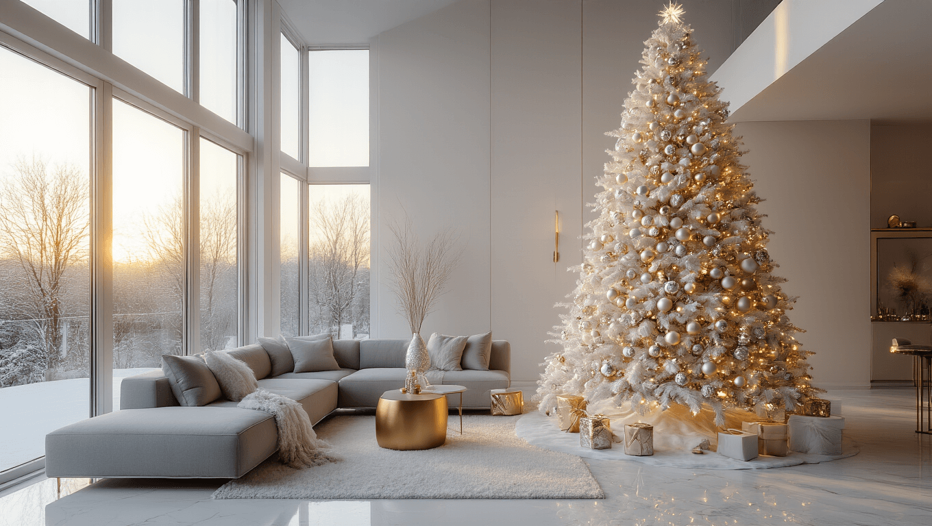 A modern minimalist living room featuring a 9-foot flocked white Christmas tree adorned with champagne and silver glass ornaments, warm LED lights, and crystal accents. The scene is illuminated by golden hour sunlight streaming through floor-to-ceiling windows, showcasing a grey sectional sofa and brass side tables on white marble floors. The composition conveys soft bokeh effects and cinematic lighting, creating an atmospheric and photorealistic ambiance.