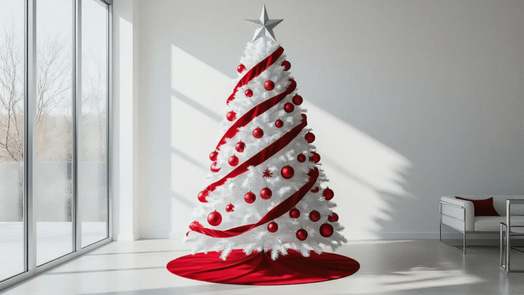 A Modern White Christmas Tree with Red Decorations: Your Ultimate Styling Guide A photorealistic view of a 15-foot white Christmas tree adorned with oversized red baubles and a geometric silver star, set in a modern minimalist living room with floor-to-ceiling windows, chrome furniture, and dramatic natural light.