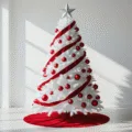 A photorealistic view of a 15-foot white Christmas tree adorned with oversized red baubles and a geometric silver star, set in a modern minimalist living room with floor-to-ceiling windows, chrome furniture, and dramatic natural light.