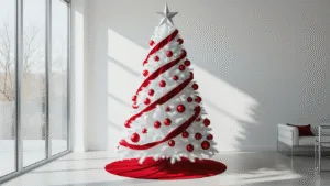 A Modern White Christmas Tree with Red Decorations: Your Ultimate Styling Guide A photorealistic view of a 15-foot white Christmas tree adorned with oversized red baubles and a geometric silver star, set in a modern minimalist living room with floor-to-ceiling windows, chrome furniture, and dramatic natural light.