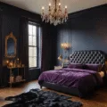 A hyperrealistic photograph of a moody Victorian master bedroom at golden hour, featuring deep navy walls, a king-sized bed with aubergine velvet bedding, and high-gloss black crown molding, illuminated by antique brass sconces and a dimmed crystal chandelier, with dramatic shadows and warm ambient light creating an ethereal atmosphere.