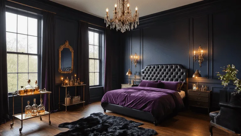 A hyperrealistic photograph of a moody Victorian master bedroom at golden hour, featuring deep navy walls, a king-sized bed with aubergine velvet bedding, and high-gloss black crown molding, illuminated by antique brass sconces and a dimmed crystal chandelier, with dramatic shadows and warm ambient light creating an ethereal atmosphere.