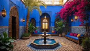 Moroccan Courtyard Gardens: Creating Your Own Exotic Oasis A hyperrealistic wide-angle view of a serene Moroccan courtyard garden at golden hour, featuring Majorelle blue walls, intricate zellige tiles, a central brass fountain, dappled shadows from date palms, vibrant magenta bougainvillea, brass lanterns casting decorative shadows, a plush seating area with jewel-toned cushions, and lush greenery in blue glazed pottery.