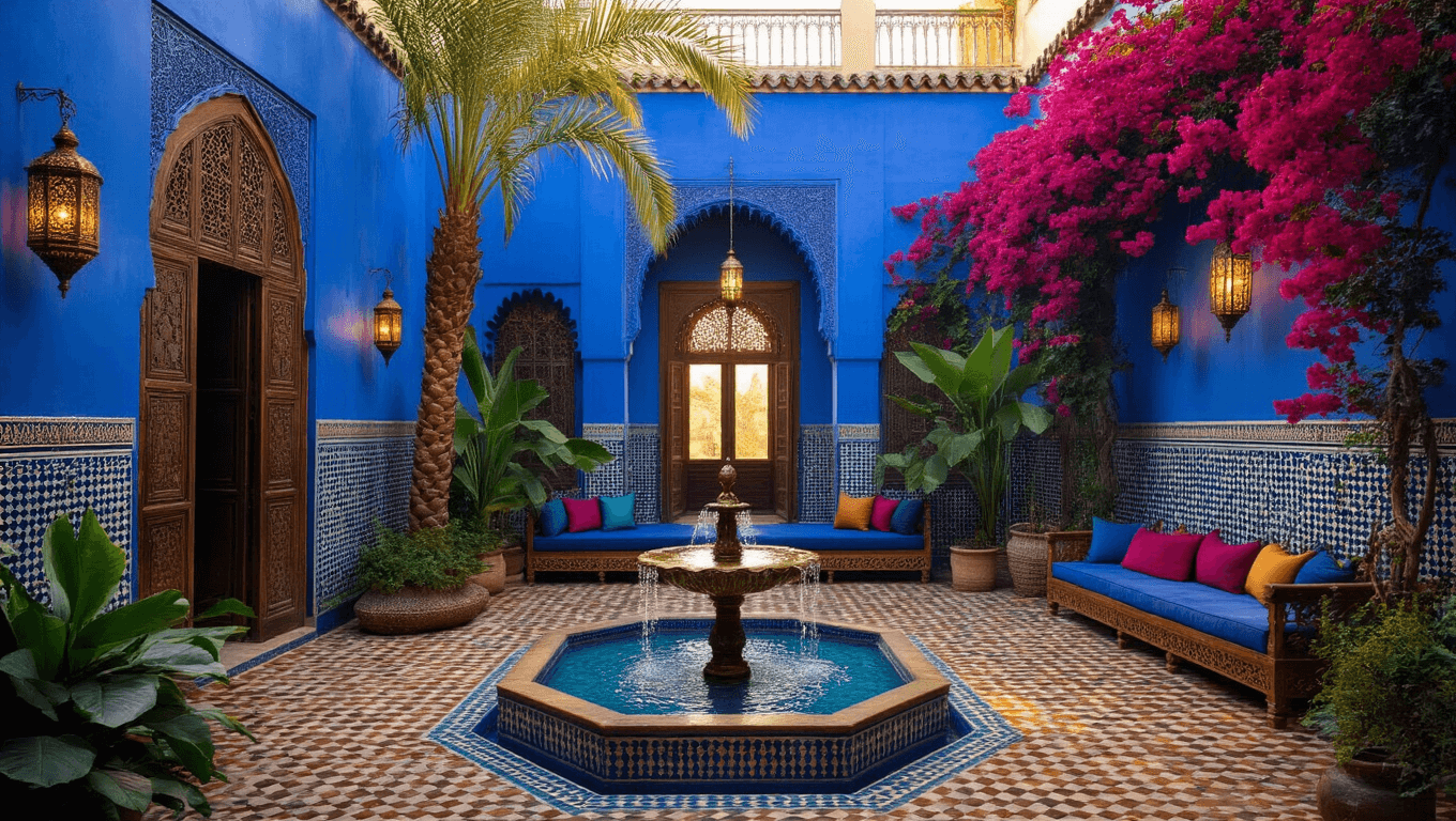 A hyperrealistic wide-angle view of a serene Moroccan courtyard garden at golden hour, featuring Majorelle blue walls, intricate zellige tiles, a central brass fountain, dappled shadows from date palms, vibrant magenta bougainvillea, brass lanterns casting decorative shadows, a plush seating area with jewel-toned cushions, and lush greenery in blue glazed pottery.