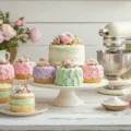 A sunlit rustic kitchen scene featuring a weathered white farmhouse table with pastel-colored mini cakes decorated with rosette piping, edible flowers, and gold leaf accents, complemented by a vintage KitchenAid mixer, baking tools, fresh peonies, and garden roses, all set against white shiplap walls.