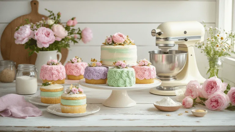 Mother's Day Mini Cake Ideas: A Sweet DIY Adventure A sunlit rustic kitchen scene featuring a weathered white farmhouse table with pastel-colored mini cakes decorated with rosette piping, edible flowers, and gold leaf accents, complemented by a vintage KitchenAid mixer, baking tools, fresh peonies, and garden roses, all set against white shiplap walls.