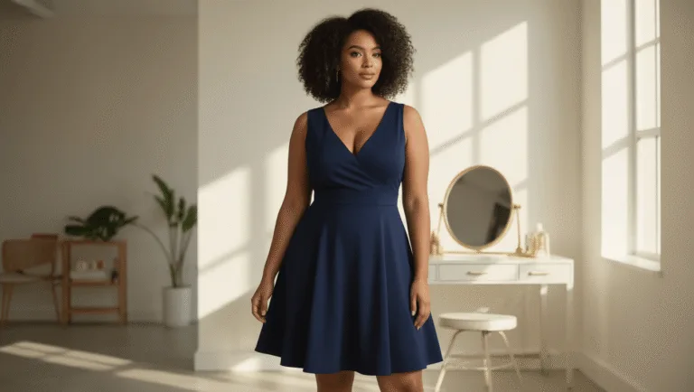 A confident curvy model poses in a jewel-tone navy A-line dress against a sunlit backdrop of a contemporary loft, highlighting a clean modern aesthetic with soft morning light and minimalist decor.