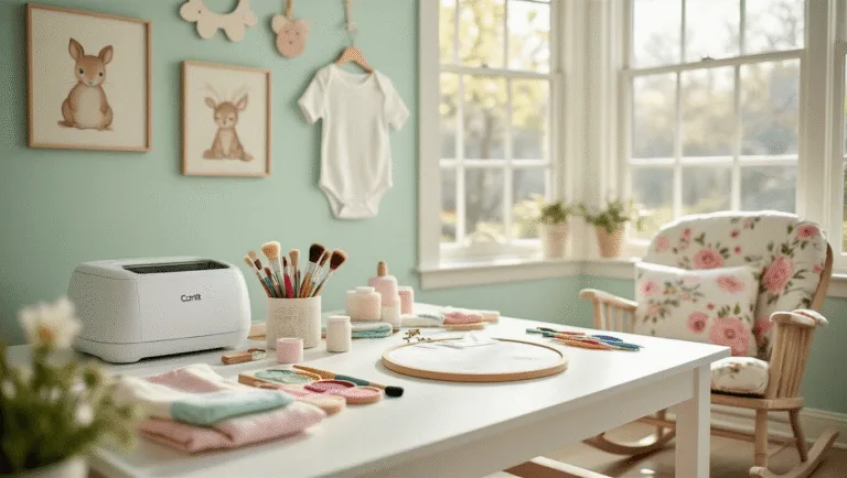 Bright and airy nursery craft space with a white table set up for onesie decoration, featuring fabric paints and an embroidery hoop, surrounded by pastel-colored walls and whimsical decor.
