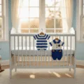 A beautifully styled nursery with a white crib draped in a blue and white striped crochet romper, soft sunlight filtering through bay windows, a vintage rocking chair with various crochet baby outfits, an antique dresser with yarn and buttons, and a handmade mobile of crochet stars and clouds. The scene features pastel blue walls, a plush ivory rug, and warm hardwood floors, captured in a dreamy, cinematic style.
