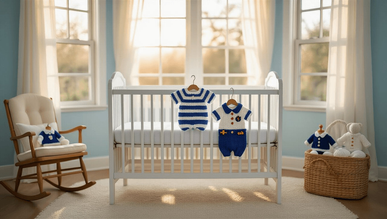 A beautifully styled nursery with a white crib draped in a blue and white striped crochet romper, soft sunlight filtering through bay windows, a vintage rocking chair with various crochet baby outfits, an antique dresser with yarn and buttons, and a handmade mobile of crochet stars and clouds. The scene features pastel blue walls, a plush ivory rug, and warm hardwood floors, captured in a dreamy, cinematic style.