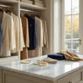 Sophisticated walk-in closet with floor-to-ceiling windows, featuring neutral-toned garments like navy blazers and cream silk blouses, and a marble-topped island displaying pearl jewelry and silk scarves, all illuminated by natural morning light.