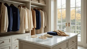 Creating Timeless Old Money Outfits Sophisticated walk-in closet with floor-to-ceiling windows, featuring neutral-toned garments like navy blazers and cream silk blouses, and a marble-topped island displaying pearl jewelry and silk scarves, all illuminated by natural morning light.