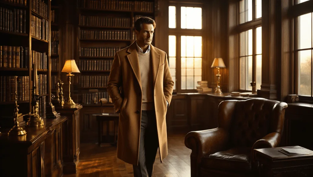 Old Money Style: Men's Fall & Winter Fashion Essentials A sophisticated gentleman in a camel wool overcoat and cream cashmere sweater stands in a wood-paneled library, surrounded by leather-bound books and vintage lamps, with warm golden hour light casting long shadows across polished hardwood floors.