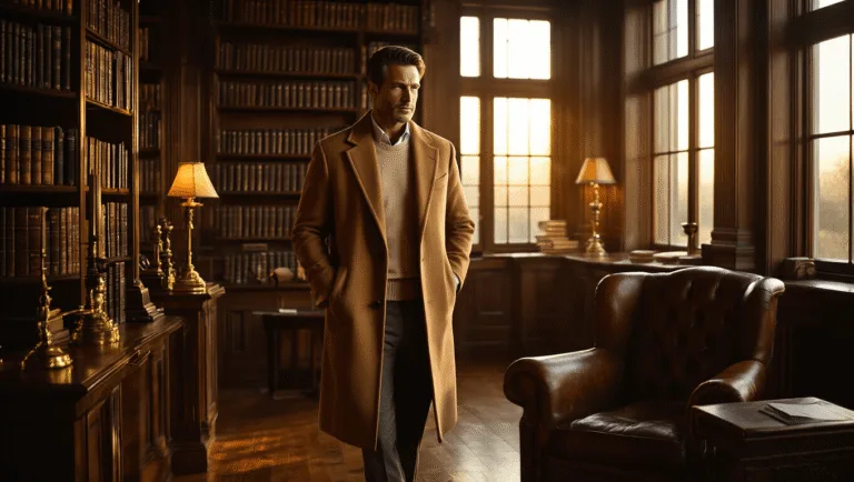 A sophisticated gentleman in a camel wool overcoat and cream cashmere sweater stands in a wood-paneled library, surrounded by leather-bound books and vintage lamps, with warm golden hour light casting long shadows across polished hardwood floors.