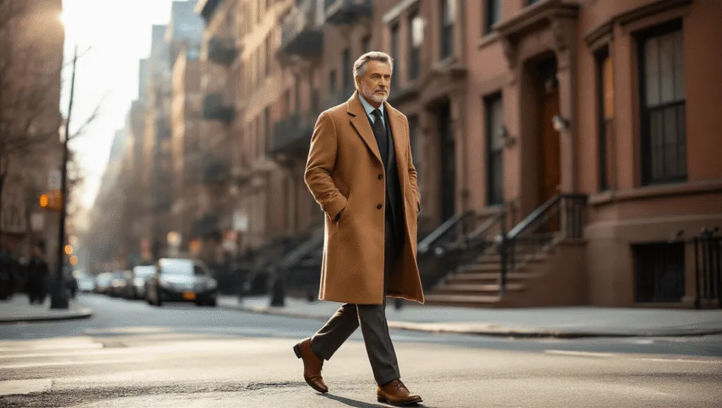 A distinguished gentleman in a camel wool overcoat walks on a sunlit Manhattan street corner, historic brownstones behind him, captured from a low angle with a warm glow and shallow depth of field.