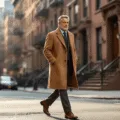 A distinguished gentleman in a camel wool overcoat walks on a sunlit Manhattan street corner, historic brownstones behind him, captured from a low angle with a warm glow and shallow depth of field.