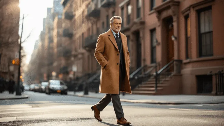 A distinguished gentleman in a camel wool overcoat walks on a sunlit Manhattan street corner, historic brownstones behind him, captured from a low angle with a warm glow and shallow depth of field.