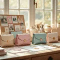 A crafting workspace bathed in natural light, showcasing handmade paper purses in pastel and metallic tones on a vintage wooden desk, surrounded by organized supplies and a mood board of inspiration.