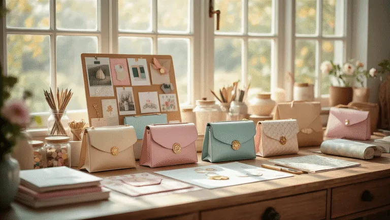 A crafting workspace bathed in natural light, showcasing handmade paper purses in pastel and metallic tones on a vintage wooden desk, surrounded by organized supplies and a mood board of inspiration.