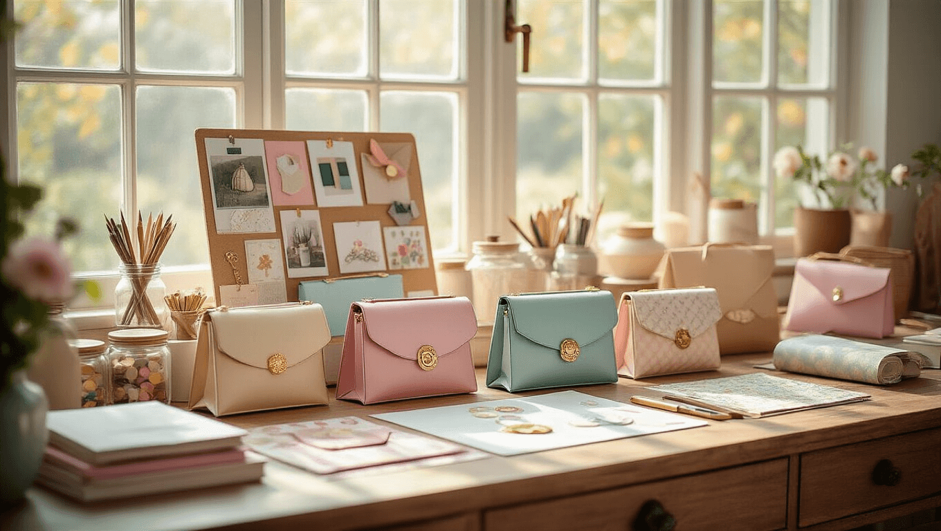 A crafting workspace bathed in natural light, showcasing handmade paper purses in pastel and metallic tones on a vintage wooden desk, surrounded by organized supplies and a mood board of inspiration.