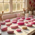 Sun-drenched craft room with a weathered white farmhouse table covered in pink-painted rocks, glass jars of paintbrushes, and scattered art supplies, illuminated by golden hour light streaming through a bay window, creating a warm and ethereal atmosphere.