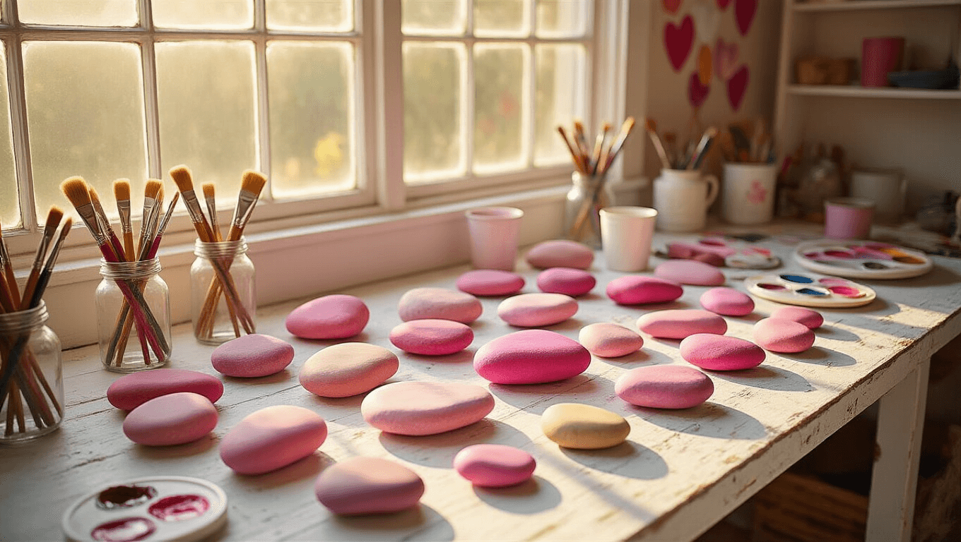 Sun-drenched craft room with a weathered white farmhouse table covered in pink-painted rocks, glass jars of paintbrushes, and scattered art supplies, illuminated by golden hour light streaming through a bay window, creating a warm and ethereal atmosphere.