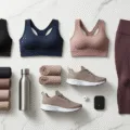 A flat lay of premium athleisure wear on a white marble surface, showcasing sports bras in black, navy, and mauve, rolled earth-toned leggings, technical tanks, and minimalist training shoes, accompanied by a water bottle and wireless earbuds.