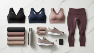 The Perfect Gym Outfit Look Good, Feel Strong A flat lay of premium athleisure wear on a white marble surface, showcasing sports bras in black, navy, and mauve, rolled earth-toned leggings, technical tanks, and minimalist training shoes, accompanied by a water bottle and wireless earbuds.