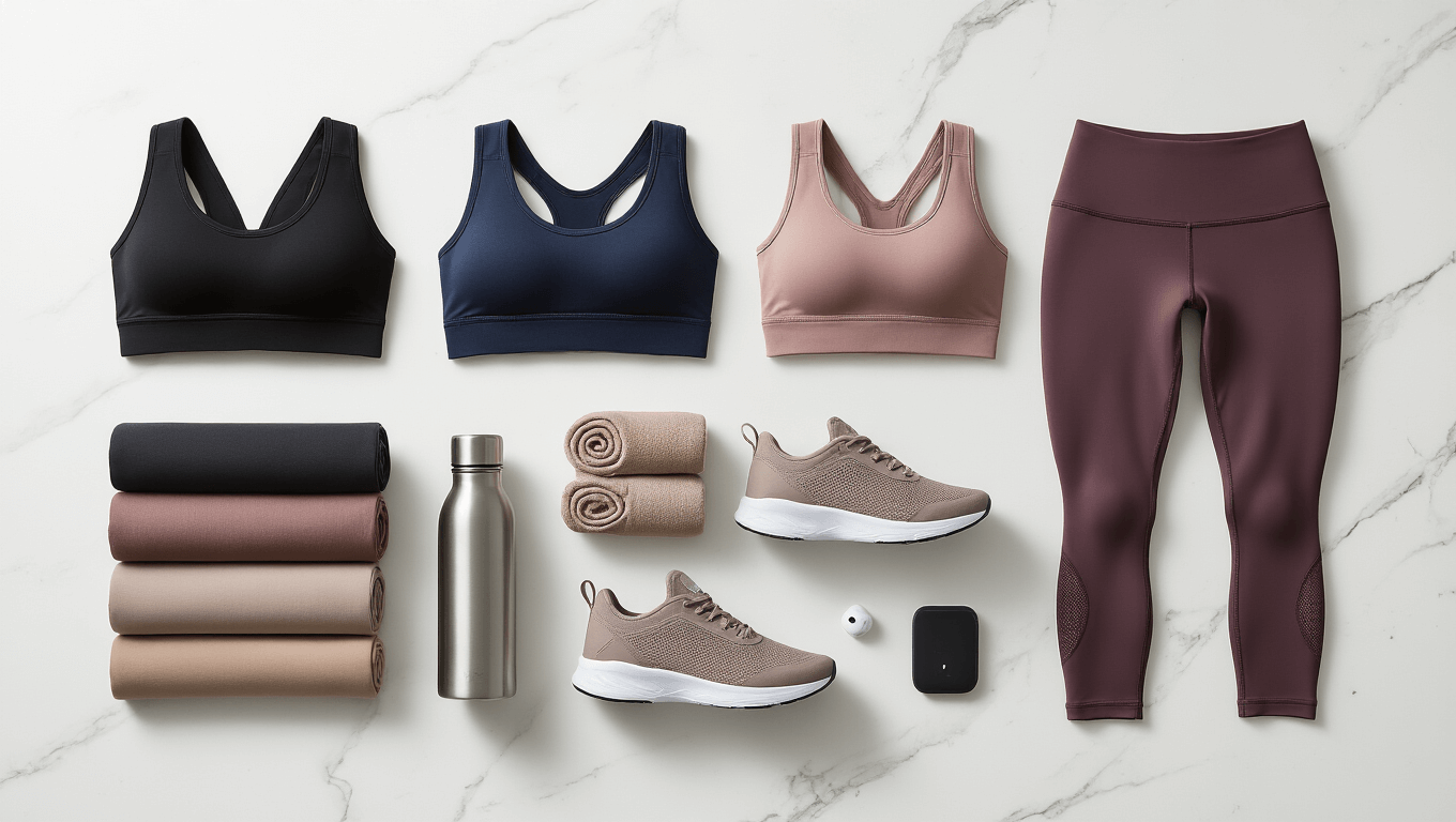 A flat lay of premium athleisure wear on a white marble surface, showcasing sports bras in black, navy, and mauve, rolled earth-toned leggings, technical tanks, and minimalist training shoes, accompanied by a water bottle and wireless earbuds.