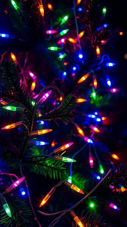 Close-up of colorful Christmas lights on a tree
