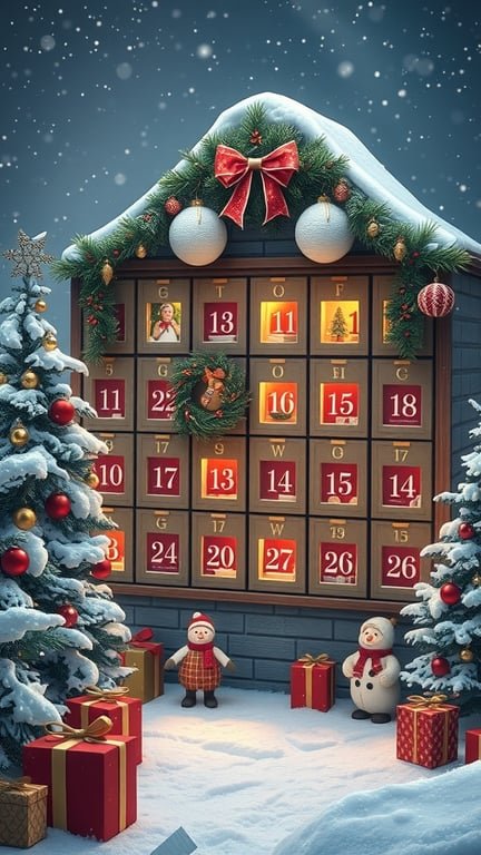 A festive Christmas countdown calendar with red doors, surrounded by snow-covered trees and decorations.