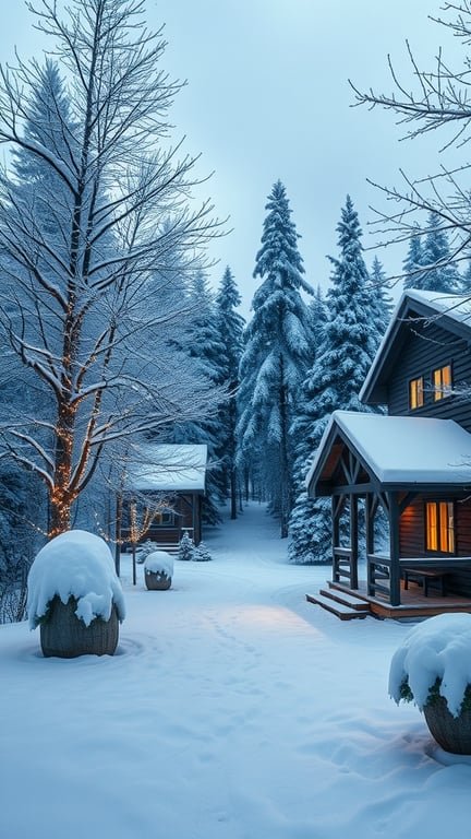 A serene winter landscape with snow-covered cabins and trees, perfect for a festive holiday theme.