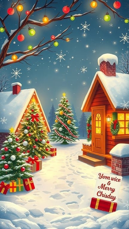 A snowy Christmas scene with decorated houses, Christmas trees, and colorful lights.