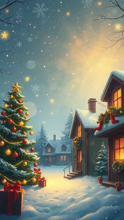 A cozy winter scene with a decorated Christmas tree, gifts, and snow-covered houses.