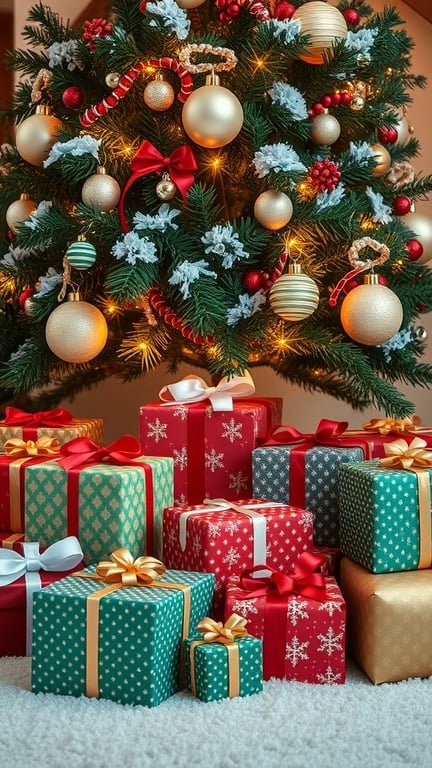 A beautifully decorated Christmas tree with presents underneath, showcasing colorful wrapping and festive decorations.