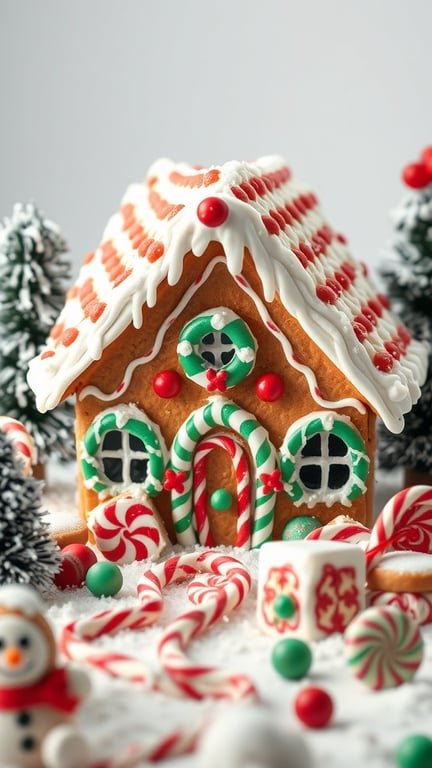 A beautifully decorated gingerbread house surrounded by candy canes and festive decorations.