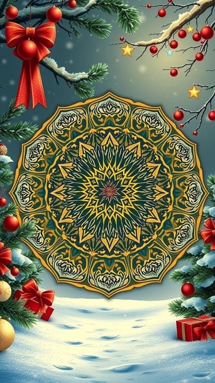 A Christmas themed mandala surrounded by festive decorations like ornaments and ribbons on a snowy background.