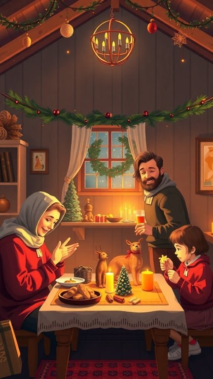 A family celebrating Christmas Eve in a cozy, decorated room with candles and festive decorations.