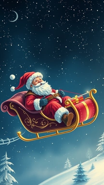 Santa Claus in a sleigh flying through a snowy night sky