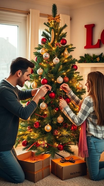 A couple decorating a Christmas tree with ornaments and lights, surrounded by wrapped gifts.