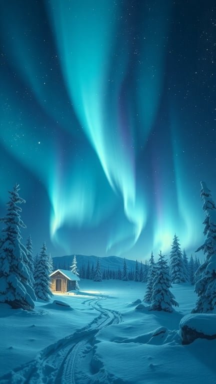 A cozy cabin in a snowy landscape under the northern lights