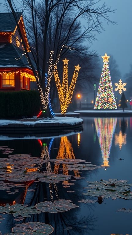 A decorated house with Christmas lights and a tree reflected in calm water, surrounded by snow and lily pads.