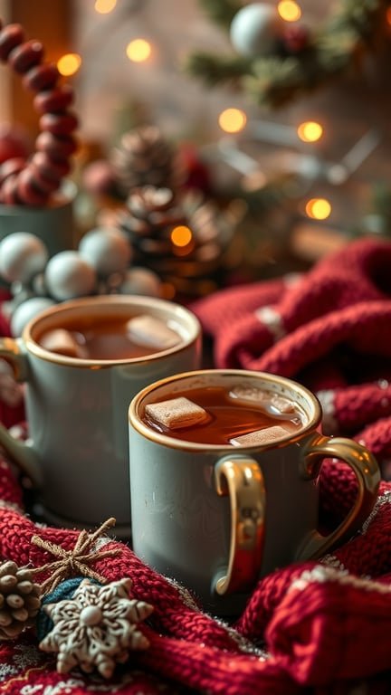 Two mugs of warm beverage on a red blanket with festive decorations