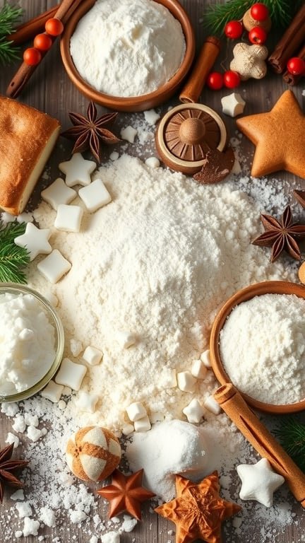 A variety of holiday baking ingredients including flour, sugar, spices, and decorative cookies.