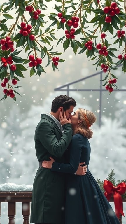A couple kissing under mistletoe with snow in the background